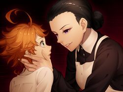  2girls ahoge apron bad_id bad_pixiv_id black_hair black_shirt blue_eyes brown_hair commentary_request emma_(yakusoku_no_neverland) eye_contact green_eyes grin hair_bun hand_in_another&#039;s_hair isabella_(yakusoku_no_neverland) ko_to_kimethu long_sleeves looking_at_another multiple_girls shirt short_hair single_hair_bun smile upper_body white_apron white_shirt wing_collar yakusoku_no_neverland 