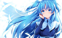  blue_eyes blue_hair chtholly_nota_seniorious closed_mouth commission female hair_between_eyes long_hair long_sleeves looking_at_viewer raiou shuumatsu_nani_shitemasu_ka? skeb_commission smile solo two_side_up 