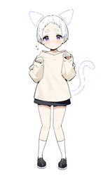  1boy animal_ears blue_shorts blush commentary full_body highres joshi_kousei_rich_thots long_sleeves male_focus original paw_pose purple_eyes shirt short_hair shorts simple_background sky-freedom socks solo tail white_background white_hair white_shirt white_socks yuuta-kun_(sky-freedom) 