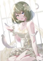  absurdres bare_shoulders breasts chii_(sbshop) choker cleavage dress feathers female flower green_hair hair_ornament heterochromia highres idolmaster idolmaster_cinderella_girls jewelry medium_breasts mole mole_under_eye short_hair smile solo takagaki_kaede white_dress white_flower 