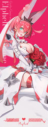  absurdres ahoge animal_ears aqua_eyes arm_belt black_bracelet black_hairband blush bob_cut bouquet bow bracelet breasts character_name cleavage commentary copyright_name dress earrings elphelt_valentine female flower flying_sweatdrops glint gloves guilty_gear guilty_gear_xrd hair_between_eyes hairband heart highres huge_ahoge incredibly_absurdres jewelry large_breasts long_bangs looking_at_viewer open_mouth pink_background pink_bow pink_hair red_flower red_gloves red_rose rose sitting smile solo spiked_bracelet spiked_hairband spikes ssr_(azmr2828) sweatdrop symbol-only_commentary thighhighs thighs two-tone_gloves veil wariza wedding_dress white_dress white_gloves white_thighhighs white_veil 