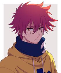  1boy hair_between_eyes headband hood hoodie kyan_reki looking_at_viewer male_focus messy_hair orange_eyes red_hair sana423 short_hair sk8_the_infinity solo upper_body 