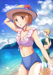  2girls alternate_costume arm_up bad_id bad_pixiv_id blonde_hair blue_shorts blue_sky breasts brown_hair cleavage closed_mouth cloud collarbone crop_top day flower hat hat_flower hibiscus high-waist_shorts lighthouse micro_shorts midriff multiple_girls nanaba navel open_mouth outdoors petra_ral profile red_flower ribbon shingeki_no_kyojin shiny_skin short_hair shorts sky sleeveless small_breasts smile stomach straw_hat swept_bangs twitter_username white_ribbon yusshii 