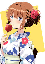  blue_eyes brown_hair candy_apple character_request copyright_request female flower food hair_flower hair_ornament japanese_clothes kimono looking_at_viewer solo tied_hair tongue tongue_out yoshikita_popuri yukata 