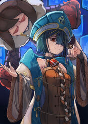  black_gloves black_hair blue_headwear breasts character_doll chinese_clothes doll fate/grand_order fate_(series) female fingerless_gloves gem gloves hair_between_eyes hair_ornament hair_over_one_eye hair_stick long_sleeves looking_at_viewer medium_hair mole mole_under_eye small_breasts smile solo straight_hair tassel wide_sleeves wujiemang xu_fu_(fate) yu_mei-ren_(fate) 