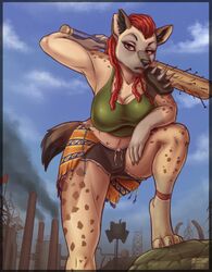  anthro baseball_bat bat_(object) bottomwear clothing cloud dreadlocks factory female hi_res hyena industrial industrial_plant kiririn-chan leaning leaning_forward leaning_on_rock looking_at_viewer looking_down mammal melee_weapon nailed_bat notched_ear post-apocalyptic refinery rwanda_benkele shirt shorts sky smoke smokestack solo spiked_shoulder_guard spotted_hyena tank_top topwear torn_clothing unimpressed weapon weapon_behind_head 