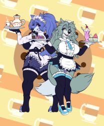  5:6 anthro ass avi_(moko) big_breasts big_butt blue_body blue_fur breasts cafe canid canine canis clothing curvy_figure duo female fluffy fluffy_tail fur harriet_(harry_amoros) hi_res maid_apron maid_hat maid_uniform mammal moko_(artist) serving smile tail unavailable_at_source uniform voluptuous white_body white_fur wolf 