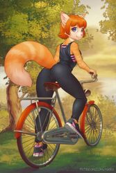  2019 anthro ass bicycle blue_eyes bra clothed clothing day domestic_cat felid feline felis female footwear fur grass hair inner_ear_fluff iskra leaf looking_back mammal orange_hair outside pink_nose shoes smile solo sports_bra standing striped_body striped_fur stripes tight_clothing tree tuft underwear vera_(iskra) 