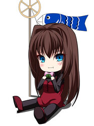  :t akeyama_kitsune aozaki_aoko blue_eyes blush brown_hair casual chibi commentary_request dress eating female kashiwa_mochi_(food) kodomo_no_hi koinobori leaf long_hair mahou_tsukai_no_yoru oak_leaf pantyhose photoshop_(medium) red_dress red_footwear sitting solo white_background windsock 