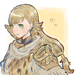  armor blonde_hair braid closed_mouth crown_braid feather_trim female fire_emblem fire_emblem_heroes green_eyes karen_wada long_hair looking_at_viewer low-tied_long_hair pauldrons ponytail scale_armor sharena_(fire_emblem) shoulder_armor solo turtleneck upper_body 