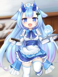  :d absurdres airplane_hair_ornament alternate_costume apron azur_lane bare_shoulders bill_(object) blue_eyes blue_hair blue_horns blue_ribbon blue_sailor_collar blunt_bangs blurry blurry_background blush breasts commentary_request cowboy_shot detached_sleeves dress enmaided female frilled_apron frilled_dress frills gold_choker gradient_hair hair_between_eyes highres holding holding_tray horns i-13_(azur_lane) indoors kinomiki_nobori long_hair looking_at_viewer maid maid_apron maid_headdress medium_breasts multicolored_hair obi oerba_yun_fang open_mouth purple_hair ribbon sailor_collar sakuramon sash sidelocks skin_fang skindentation sleeveless sleeveless_dress smile solo standing standing_on_one_leg thick_eyebrows thighhighs tray two-tone_hair very_long_hair white_dress white_footwear white_sleeves white_thighhighs wrist_ribbon zettai_ryouiki 