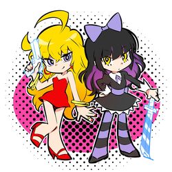  2girls ahoge black_dress black_hair blake_belladonna blonde_hair bow colored_inner_hair cosplay dress gun hairbow highres iesupa long_hair multicolored_hair multiple_girls panty_&amp;_stocking_with_garterbelt panty_(psg) panty_(psg)_(cosplay) pantyhose parody red_dress rwby siblings sisters stocking_(psg) stocking_(psg)_(cosplay) striped_clothes striped_pantyhose style_parody sword two-tone_hair wavy_hair weapon yang_xiao_long yellow_eyes 