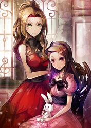  2girls bad_id bad_pixiv_id black_hair black_neckwear bow closed_mouth collarbone dress floating_hair forehead green_eyes hair_intakes hairband hairbow highres idolmaster idolmaster_(classic) idolmaster_million_live! indoors jewelry long_hair looking_at_viewer minase_iori multiple_girls necklace nikaidou_chizuru pink_dress pos_(shiratama-ya) purple_bow purple_hairband red_dress red_eyes short_sleeves sitting sleeveless sleeveless_dress smile standing stuffed_animal stuffed_rabbit stuffed_toy tied_hair usa-chan_(idolmaster) very_long_hair 