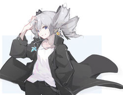  absurdres black_jacket black_pants blue_background bow bronya_zaychik drill_hair earrings female grey_eyes grey_hair grin hairbow hand_in_pocket highres honkai_(series) honkai_impact_3rd jacket jewelry linxi long_sleeves looking_at_viewer necklace open_clothes open_jacket pants shirt smile solo teeth twin_drills two-tone_background white_background white_shirt 