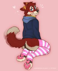  2022 4_toes anthro ass blush bottomless canid canine clothed clothing feet footwear hi_res hoodie jfet kneeling legwear long_socks male male_anthro mammal multicolored_clothing multicolored_footwear multicolored_legwear multicolored_socks multicolored_thigh_highs multicolored_thigh_socks pattern_clothing pattern_footwear pattern_legwear pattern_socks pattern_stockings pattern_thigh_highs pattern_thigh_socks pawpads paws pink_clothing pink_footwear pink_legwear pink_socks pink_thigh_highs pink_thigh_socks samaella simple_background socks solo stockings striped_clothing striped_footwear striped_legwear striped_socks striped_stockings striped_thigh_highs striped_thigh_socks stripes tail tail_motion tailwag thigh_highs thigh_socks toes topwear two_tone_clothing two_tone_footwear two_tone_legwear two_tone_socks two_tone_thigh_highs two_tone_thigh_socks white_clothing white_footwear white_legwear white_socks white_thigh_highs white_thigh_socks 