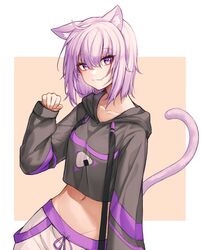  5_fingers animal_humanoid black_clothing black_hoodie black_topwear breasts cat_humanoid cat_tail clothing crop_top cropped_hoodie felid felid_humanoid feline feline_humanoid female fingers hair hi_res hololive hoodie humanoid inner_ear_fluff long_sleeves mammal mammal_humanoid midriff navel okayu_nekomata onini paw_pose pink_eyes pink_hair pose purple_eyes raised_arm shirt short_hair simple_background smile solo topwear tuft vtuber 