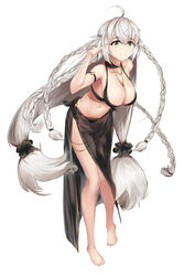  ahoge bare_shoulders bikini black_bikini blush bracelet braid breasts cleavage commentary fate/grand_order fate_(series) female full_body grey_hair hair_between_eyes highres jeanne_d&#039;arc_alter_(fate) jeanne_d&#039;arc_alter_(festival_outfit)_(fate) jewelry large_breasts long_hair looking_at_viewer md5_mismatch multiple_braids navel necklace official_alternate_costume simple_background smile solo swimsuit thighlet very_long_hair white_background xiaozuo_cang yellow_eyes 