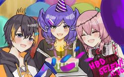  3girls ^_^ balloon black_eyes black_hoodie blue_eyes braid brown_hair candle closed_eyes commentary dated english_commentary fire happy_birthday head_wings heterochromia highres hood hoodie multicolored_hair multiple_girls nijisanji nijisanji_en obsydia_(nijisanji) orange_hair petra_gurin petra_gurin_(1st_costume) pink_hair purple_eyes purple_hair ringo_(nicocoru00116_) rosemi_lovelock rosemi_lovelock_(1st_costume) selen_tatsuki selen_tatsuki_(1st_costume) sharp_teeth streaked_hair teeth twin_braids two-tone_hoodie virtual_youtuber white_hoodie wings 