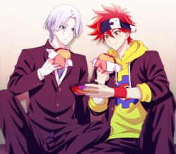  2boys blue_eyes blue_hair burger cellphone eating food gakuran hair_between_eyes hasegawa_langa headband highres hood hoodie jacket kyan_reki looking_at_viewer male_focus messy_hair multiple_boys orange_eyes pants phone red_hair sana423 school_uniform shirt short_hair simple_background sk8_the_infinity smartphone smile upper_body 