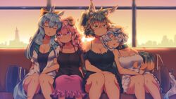  4girls animal_ears bag black_dress blue_hair breasts cleavage closed_eyes closed_mouth collarbone commentary_request dress green_eyes green_hair green_tail highres horns kuromiya kuromiya_raika_(kuromiya) kuzakura_mika_(kuromiya) large_breasts long_hair looking_at_another multiple_girls original pink_eyes pink_hair pink_skirt purple_eyes sheep_horns shiromiya_asuka_(kuromiya) sitting skirt sleeping smile souma_ren_(kuromiya) sunset tail train_interior white_dress white_hair 