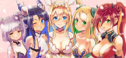  5girls ahoge bare_shoulders blonde_hair blue_eyes blue_hair blush breasts choker cleavage double_bun fins flat_chest green_eyes grin hair_bun hair_intakes hair_ornament hairband haku_(p&amp;d) head_fins highres horns jewelry jitome karin_(p&amp;d) large_breasts leilan_(p&amp;d) light_purple_hair looking_at_viewer medium_breasts meimei_(p&amp;d) multicolored_hair multiple_girls necklace one_eye_closed open_mouth puzzle_&amp;_dragons red_hair ribs sakuya_(p&amp;d) short_hair side_ponytail smile smirk streaked_hair upper_body yellow_eyes yohane 