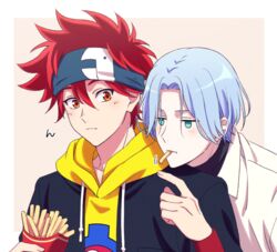  2boys blue_eyes blue_hair eating food french_fries hair_between_eyes hasegawa_langa headband hood hoodie jacket kyan_reki looking_at_viewer male_focus messy_hair multiple_boys orange_eyes red_hair sana423 shirt short_hair simple_background sk8_the_infinity upper_body 