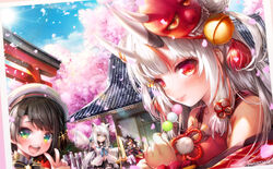  4girls animal_ears architecture bare_shoulders black_hair blue_sky blush cherry_blossoms dango day detached_sleeves east_asian_architecture eyelashes fams_(group) food fox_ears fox_girl fox_tail green_eyes hat holding holding_food hololive horns lips long_hair looking_at_viewer mask misaki_(kyal_001) multiple_girls nakiri_ayame nakiri_ayame_(1st_costume) navel oni oni_mask ookami_mio oozora_subaru oozora_subaru_(work) open_mouth outdoors petals pixiv_id red_eyes shirakami_fubuki shrine skin-covered_horns sky smile spring_(season) sun tail teeth torii tree v virtual_youtuber wagashi white_hair wolf_ears 