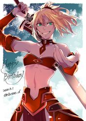  armor armored_dress bandeau bare_shoulders blonde_hair blue_sky border braid breasts clarent_(fate) cloud dated detached_collar detached_sleeves fate/grand_order fate_(series) female fingernails green_eyes hair_between_eyes half_up_braid happy_birthday highres long_fingernails mordred_(fate) navel outside_border over_shoulder red_scrunchie scrunchie shirin_(tsukimiyagura) short_hair sky small_breasts smile solo sword sword_over_shoulder twitter_username weapon weapon_over_shoulder white_border 