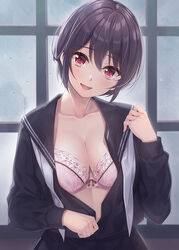  :d black_hair bow bow_bra bra breasts cleavage collarbone commentary_request female frilled_bra frills highres large_breasts looking_at_viewer open_clothes opened_by_self original pleated_skirt red_eyes school_uniform serafuku short_hair skirt smile solo underwear unworn_neckerchief white_bra window yamakaze_ran 