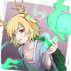  antlers arm_up blonde_hair blue_shirt collarbone commentary_request dragon_girl dragon_horns dragon_tail female fingernails flat_chest gradient_background gyuunyuukeepaa highres hitodama horns kicchou_yachie looking_at_viewer open_mouth otter_print outside_border parted_lips red_eyes scales sharp_fingernails shirt short_hair short_sleeves solo standing tail touhou turtle_shell whiskers 