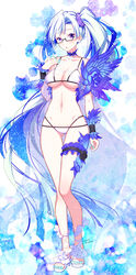  :o ass_visible_through_thighs bikini black-framed_eyewear blue_hair blue_nails blush breasts brynhildr_(fate) brynhildr_(swimsuit_berserker)_(fate) brynhildr_(swimsuit_berserker)_(first_ascension)_(fate) choker cleavage collarbone fate/grand_order fate_(series) female flower glasses highres large_breasts light_blue_hair long_hair midriff multicolored_hair nail_polish navel purple_flower purple_rose rose sakura_tsubame sandals see-through semi-rimless_eyewear shawl solo swimsuit thigh_gap thigh_strap toenail_polish toenails two-tone_hair under-rim_eyewear very_long_hair white_bikini wristband 