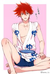  1boy headband japanese_clothes kyan_reki looking_at_viewer male_focus messy_hair muscular muscular_male nipples open_mouth orange_eyes red_hair sana423 short_hair shorts sk8_the_infinity sweat translated 