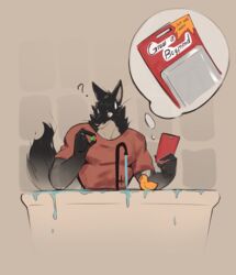  anthro bathroom bathtub black_body black_fur canid canine canis clothing fur hi_res male mammal muscular muscular_anthro muscular_male overflow question_mark red_clothing red_shirt red_topwear rubber_duck shirt solo topwear water watet white_body white_fur wolfanine 