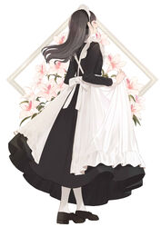  :d absurdres apron apron_hold back_bow black_dress black_footwear black_hair black_ribbon bow closed_eyes commentary dress female floral_background from_side full_body hair_ribbon highres long_hair long_sleeves maid maid_headdress open_mouth original pantyhose ribbon shii_(kairi-t-k0317) skirt_hold smile solo standing white_apron white_bow white_pantyhose 