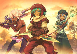  .hack// .hack//games 2boys armor bikini_armor black_rose_(.hack//) blue_eyes blue_hair dagger dark_skin elk_(.hack//) facial_mark female flat_chest gecco_knight gloves grey_hair hat kite_(.hack//) knife multiple_boys open_mouth red_eyes short_hair smile staff sword tattoo weapon white_hair 