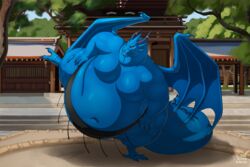  2023 anthro back_horn belly big_belly biglovealicia blue_body blue_dragon_(character) blue_dragon_(series) cel_shading chinese claws detailed_background dragon hi_res horn huge_belly male membrane_(anatomy) membranous_wings moobs morbidly_obese morbidly_obese_male mythological_creature mythological_scalie mythology obese obese_male outside overweight overweight_male plant red_eyes scalie shaded signature smile solo sumo sumo_ring tail thick_arms thick_tail thick_thighs tree wings 