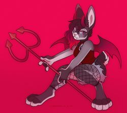  2022 4_toes 5_fingers anthro bottomwear clothed clothing crouching feet female fingers fishnet_clothing fishnet_legwear hair hi_res horn lagomorph legwear leporid long_hair mammal melee_weapon polearm rabbit samaella shirt shorts simple_background solo tank_top toes topwear trident weapon wings 