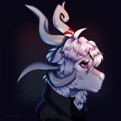  1:1 24884_(hallowgen) ahoge ambiguous_gender android anthro asymmetrical_horns black_clothing blue_pupils bust_portrait clothed clothing coat collared_shirt curled_horn curved_horn cyberpunk dark digital_media_(artwork) dramatic_lighting drude ears_back fully_clothed glistening glistening_body grey_background hair hallowgen hi_res horn looking_away machine markings multicolored_body multicolored_scales pivoted_ears portrait pupils red_eyes rim_light robot scales scalie shaded side_view signature simple_background solo text textured_background topwear white_body white_hair 