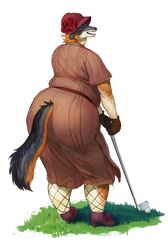  1920s 2021 anthro ass big_butt canid canine cettus clothing dress female fishnet_clothing flower footwear fox gloves golf golf_ball golf_club grass handwear hat headgear headwear hi_res holding_object ilona_spruyterveldt mammal overweight overweight_anthro overweight_female plant shoes simple_background solo sport standing white_background 