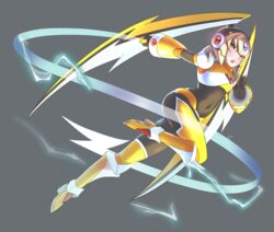  android brown_eyes chest_jewel covered_navel electricity energy_whip female full_body gloves grey_background helmet highres holding holding_whip mega_man_(series) navel open_mouth oro_s rockman_xover shoulder_spikes simple_background solo spikes taiganakashima weapon whip 