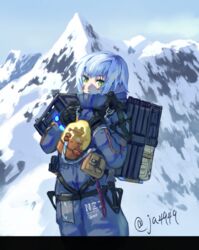  backpack bag black_gloves commentary_request cosplay day death_stranding fate/grand_order fate_(series) female frog gloves green_eyes holding jack_the_ripper_(fate/apocrypha) jumpsuit knee_up long_sleeves looking_at_viewer mountain mountainous_horizon nzz odradek outdoors parody rope sam_porter_bridges sam_porter_bridges_(cosplay) scar scar_across_eye scar_on_face sky solo standing strap tube white_hair 