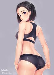  adjusting_clothes adjusting_swimsuit ass back bikini black_bikini black_hair black_sports_bra bob_cut chestnut_mouth circle_name commentary_request cowboy_shot female forehead from_behind highres looking_back original purple_eyes short_hair signature solo sports_bra swimsuit twitter_username wet yamakaze_ran 