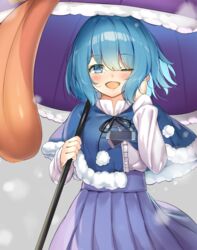  ;d black_ribbon blue_capelet blue_eyes blue_hair blue_skirt blush capelet colored_eyelashes commentary_request cowboy_shot female fur-trimmed_capelet fur_trim hand_in_own_hair high-waist_skirt holding holding_umbrella karakasa_obake long_sleeves looking_at_viewer motion_blur one_eye_closed open_mouth piyodesu pleated_skirt pom_pom_(clothes) ribbon shirt short_hair skirt smile snowing solo tatara_kogasa tongue touhou umbrella white_shirt 