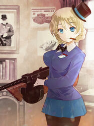  black_pantyhose blonde_hair blue_eyes blue_skirt blue_sweater bow bowtie braid breasts churchill_(tank) cigar crusader_(tank) darjeeling_(girls_und_panzer) drum_magazine emblem female french_braid girls_und_panzer gun hat looking_at_viewer magazine_(weapon) medium_breasts military military_vehicle motor_vehicle mouth_hold pantyhose pleated_skirt polka_dot polka_dot_bow school_uniform short_hair skirt smile solo st._gloriana&#039;s_(emblem) st._gloriana&#039;s_school_uniform submachine_gun sweater tank thompson_submachine_gun weapon winston_churchill yurikuta_tsukumi 