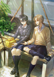  2girls artist_name bad_id bad_pixiv_id bench bento black_footwear black_hair black_hoodie black_skirt blue_skirt blue_socks brown_eyes brown_hair crossed_ankles crossed_legs highres hood hoodie k_harris kneehighs multiple_girls original outdoors parted_bangs plant school_uniform skirt smile socks uniform wrapped_bento 