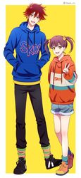  1boy :d black_pants blue_hoodie border brother_and_sister drawstring female full_body hair_between_eyes hand_up hands_in_pockets happy headband hood hood_down hoodie kyan_koyomi kyan_reki looking_at_viewer messy_hair open_mouth orange_eyes orange_hoodie pants red_hair sana423 shoes short_hair shorts siblings simple_background sk8_the_infinity smile socks standing twitter_username v white_border yellow_background 