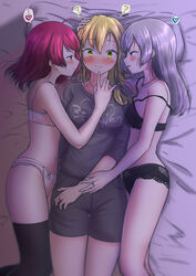  3girls 5tb ? black_bra black_legwear black_panties blonde_hair blush bra clothes_writing english_text girl_sandwich grey_shirt hair_ornament hair_scrunchie heart highres jewelry long_hair looking_at_another lying magia_record:_mahou_shoujo_madoka_magica_gaiden mahou_shoujo_madoka_magica medium_hair multiple_girls off_shoulder on_back on_bed on_side panties parted_lips pillow red_hair ring sandwiched scrunchie shirt shizumi_konoha shorts smile spoken_heart spoken_question_mark sweat thighhighs tokiwa_nanaka underwear underwear_only white_bra white_panties yuri yusa_hazuki 