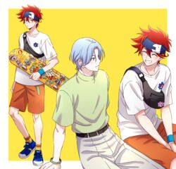  2boys bangle belt blue_hair bracelet closed_eyes fanny_pack hair_between_eyes hasegawa_langa headband highres jewelry kyan_reki looking_at_viewer male_focus md5_mismatch messy_hair multiple_boys orange_eyes pants red_hair resolution_mismatch sana423 shirt shoes short_hair shorts simple_background sk8_the_infinity skateboard smile socks source_smaller streetwear t-shirt white_shirt 