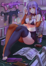  ahoge artist_name asymmetrical_legwear bare_shoulders bed bikini black_bikini black_legwear black_skirt blunt_bangs blush breasts brown_eyes bullet chips_(food) cleavage cup digital_media_player earphones female food full_body girls&#039;_frontline gun hair_between_eyes hands_up highres holding holding_earphones large_breasts long_hair looking_at_viewer mismatched_legwear multicolored_clothes multicolored_legwear nail_polish navel no_shoes on_bed open_mouth orange_legwear paper popoman purple_hair purple_nails sidelocks sitting skirt solo spectre_m4 spectre_m4_(girls&#039;_frontline) submachine_gun swimsuit teeth thighhighs thighs toeless_legwear toenail_polish toenails toes upper_teeth_only weapon 