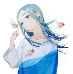  blue_eyes blue_hair collarbone female fish goldfish hand_up harrymiao highres index_finger_raised long_hair long_sleeves original parted_lips print_shirt shirt simple_background solo surreal tears upper_body white_background 